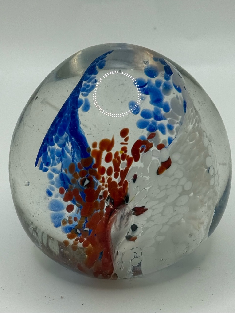 Vintage Hand Blown India Art Glass Paperweight Red White Blue Bubble 3in decor